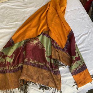 Orange Multicolored Scarf with Tassels and Embroidered Alpaca and Mountains